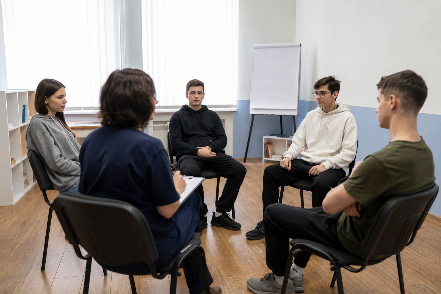 Психолог проводит реабилитацию несовершеннолетних в светлом кабинете